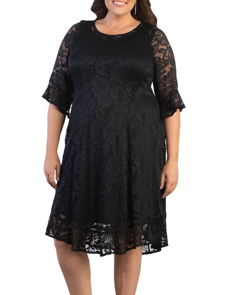 Front of a model wearing a size 0X Jasmine Lace Dress in ONYX by Kiyonna. | dia_product_style_image_id:227060